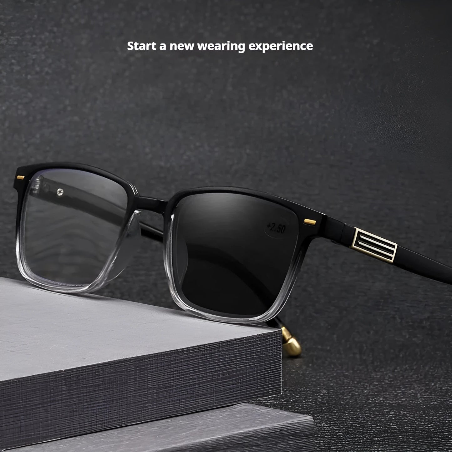 Multifocal reading glasses with photochromic lenses in various frame colour options