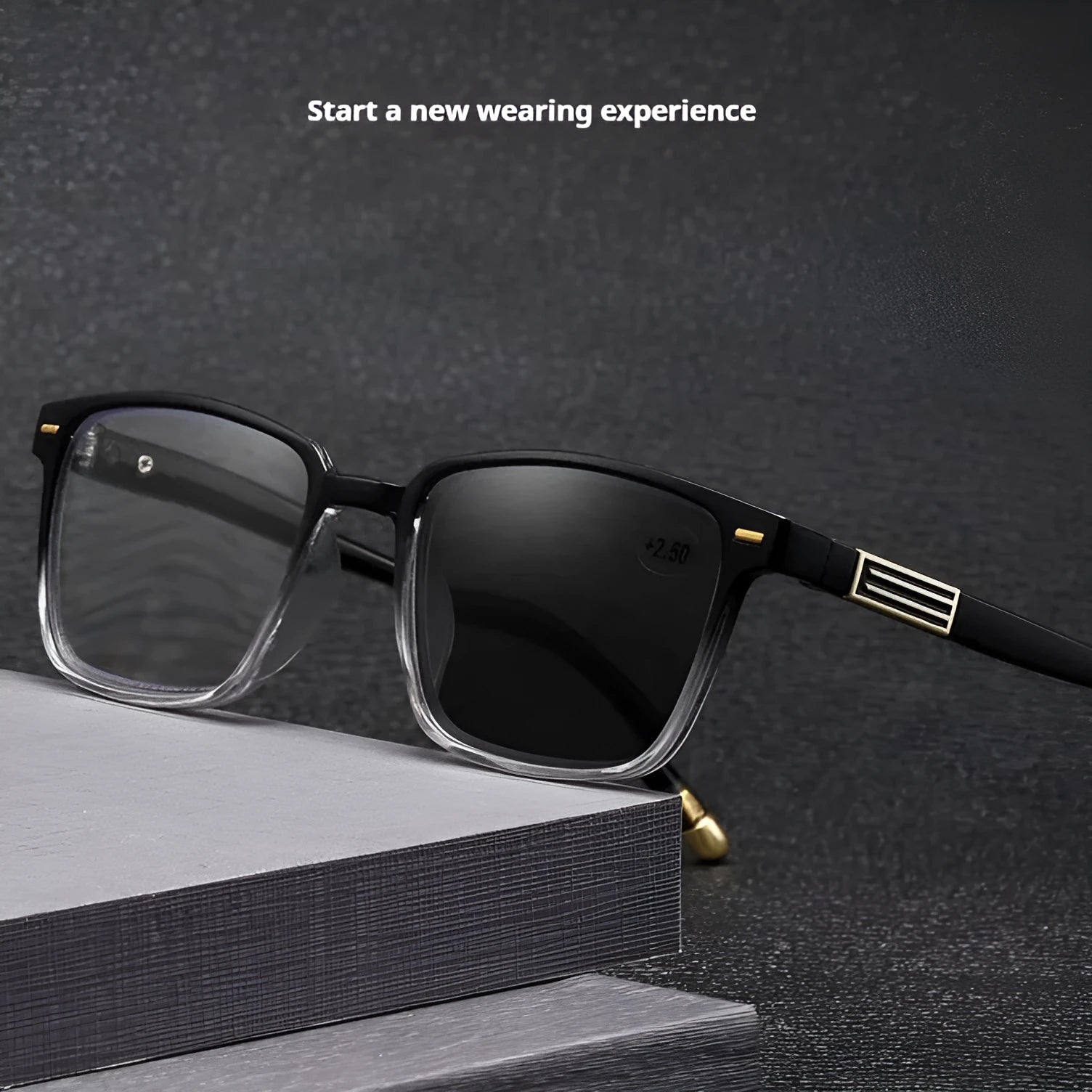 Multifocal reading glasses with photochromic lenses in various frame colour options