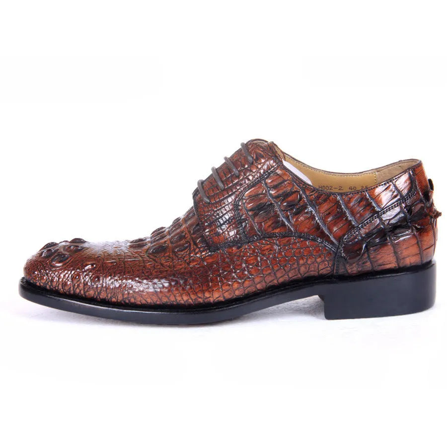 Men's brown crocodile skin leather dress shoes, low upper, breathable, business Korean style, sizes 38-47.