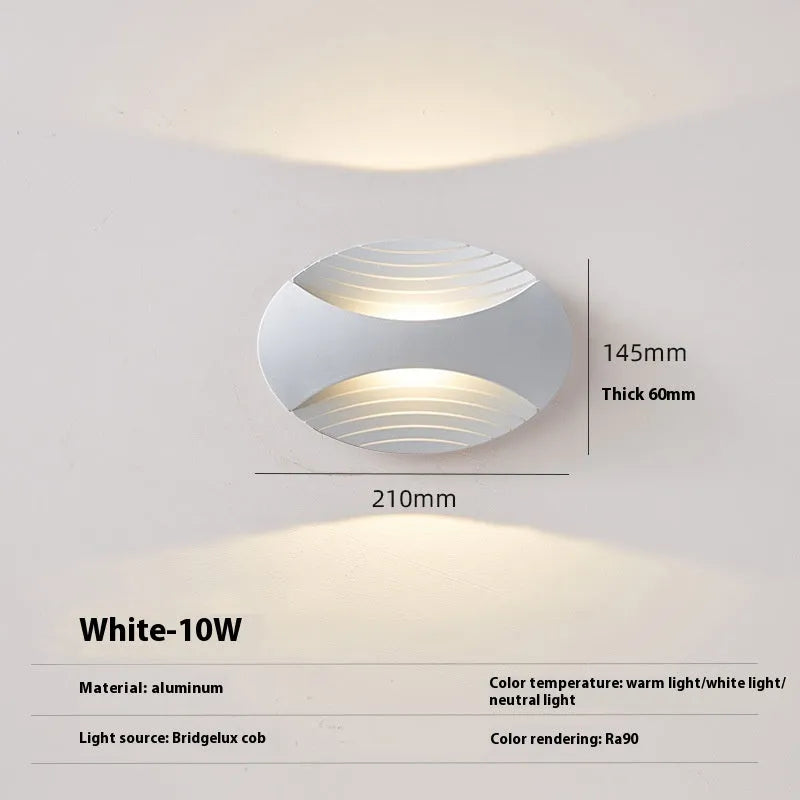 Aluminium wall lamp with 10W LED showing three light colour options and IP65 rating for bedroom or outdoor use
