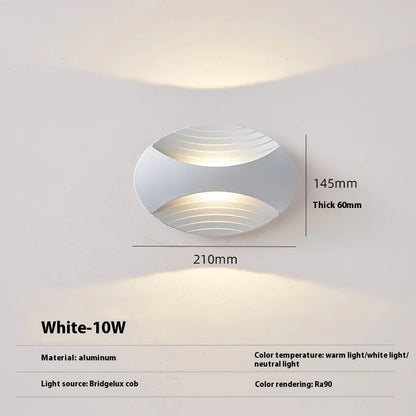 Aluminium wall lamp with 10W LED showing three light colour options and IP65 rating for bedroom or outdoor use