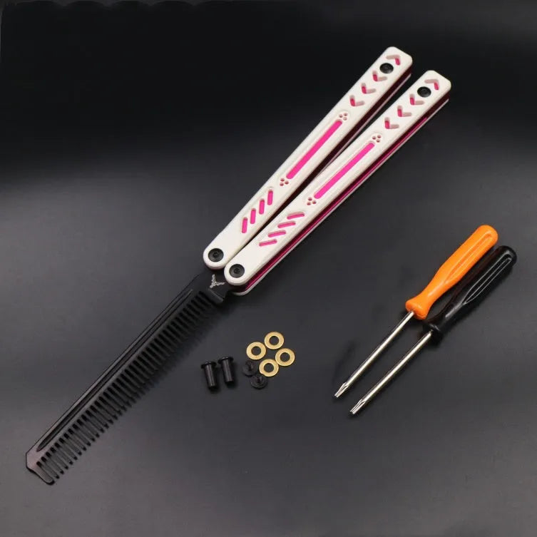 Unbladed butterfly knife trainer with aluminium handle and black G10 non-slip patches