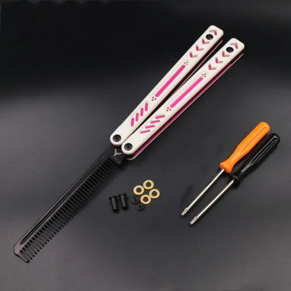 Unbladed butterfly knife trainer with aluminium handle and black G10 non-slip patches