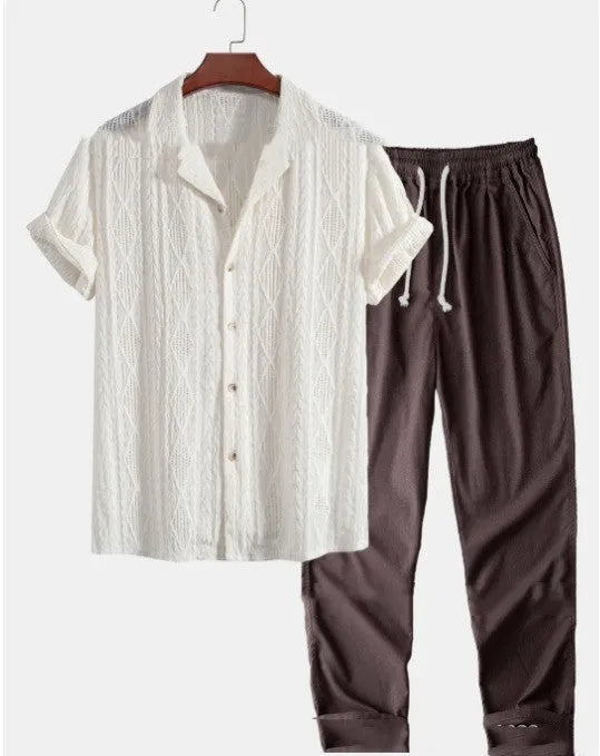 Men's loose short sleeve shirt and trousers summer suit in milk silk polyester fabric