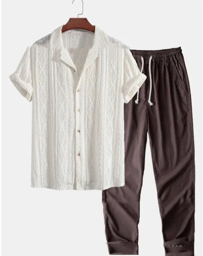 Men's loose short sleeve shirt and trousers summer suit in milk silk polyester fabric