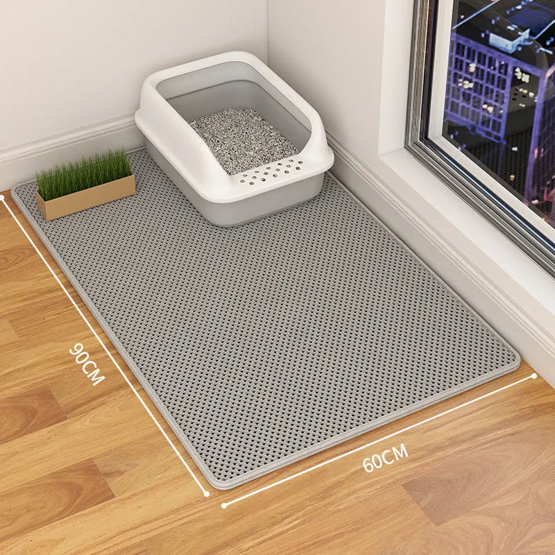 Double layer waterproof cat litter mat with non-slip backing in beige, black, blue and grey colour options