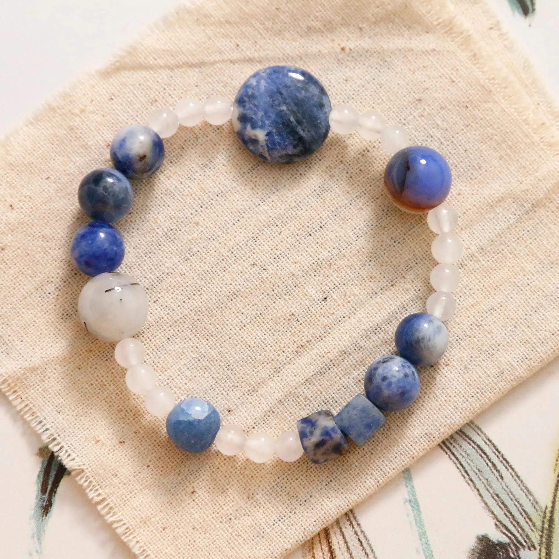 Hand-woven natural blue point stone black hair crystal agate geometric bracelet