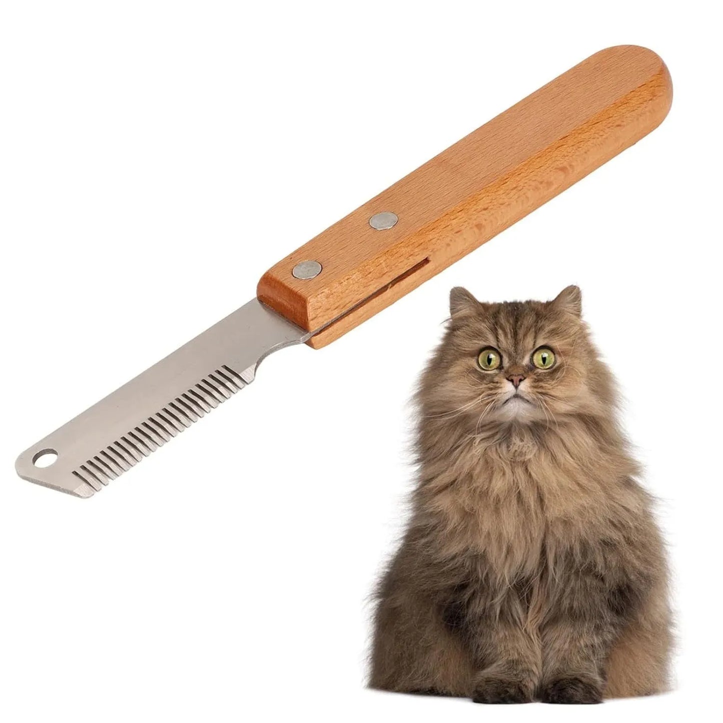 Dog stripping comb grooming tool with wood handle and metal blade for removing hair.