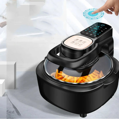 Green 6L air fryer with touch controls, 335x325x295mm dimensions, 1500W power for family cooking