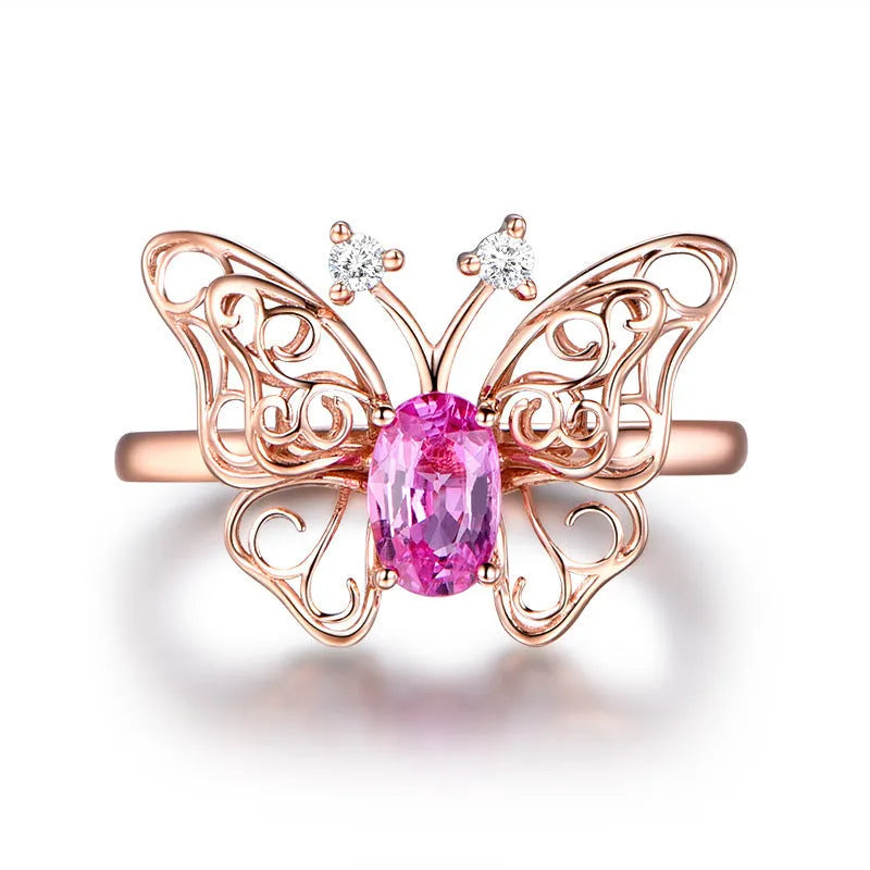 Rose gold electroplated copper adjustable open ring with hollow butterfly and bow design for women