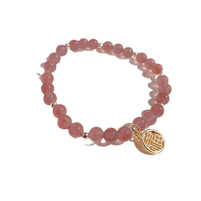 Handmade strawberry quartz blessing card bracelet with glass beads in new Chinese style.