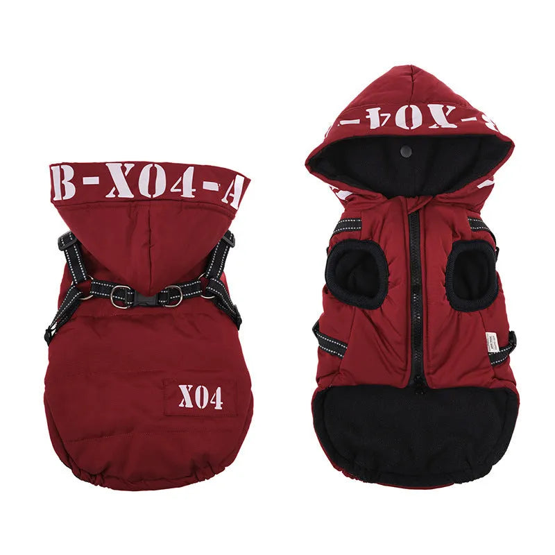 Red fleece-lined waterproof dog winter jacket with hood on a small dog