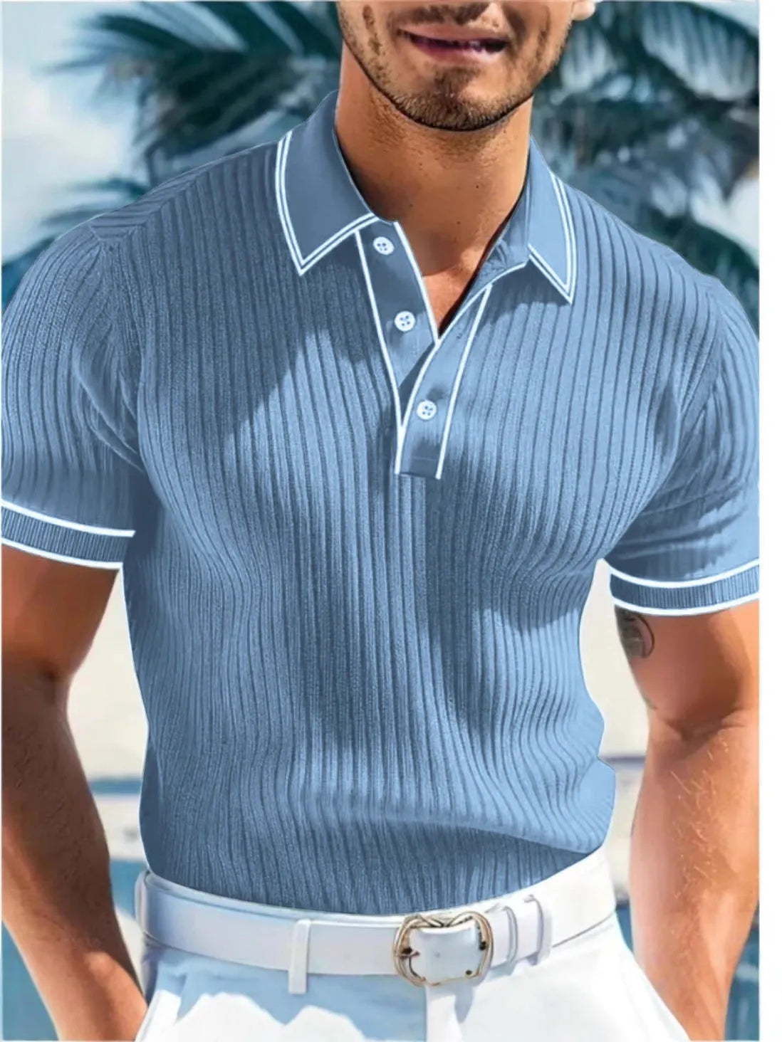 Men's loose fit striped polo shirt in chemical fibre blend fabric, short sleeve, shown in wine red colour.