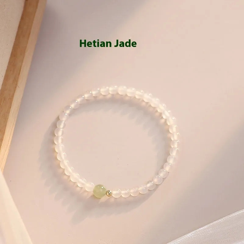 Natural Hetian jade and white agate women's bracelet with manual processing, 15cm length