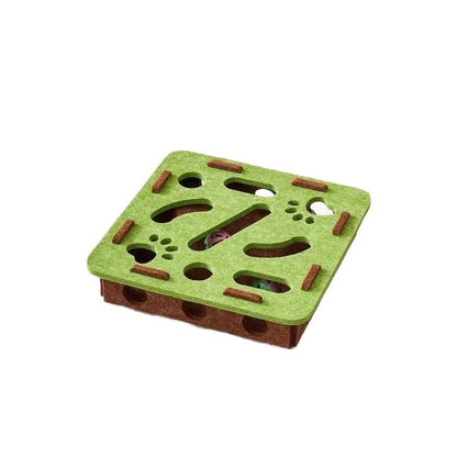 Green brown felt box cat toy with paw holes measuring 30 x 30 x 7.5 cm
