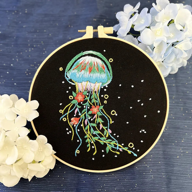 Handmade embroidery jellyfish pendant marine design fabric with cartoon pattern and elasticity options