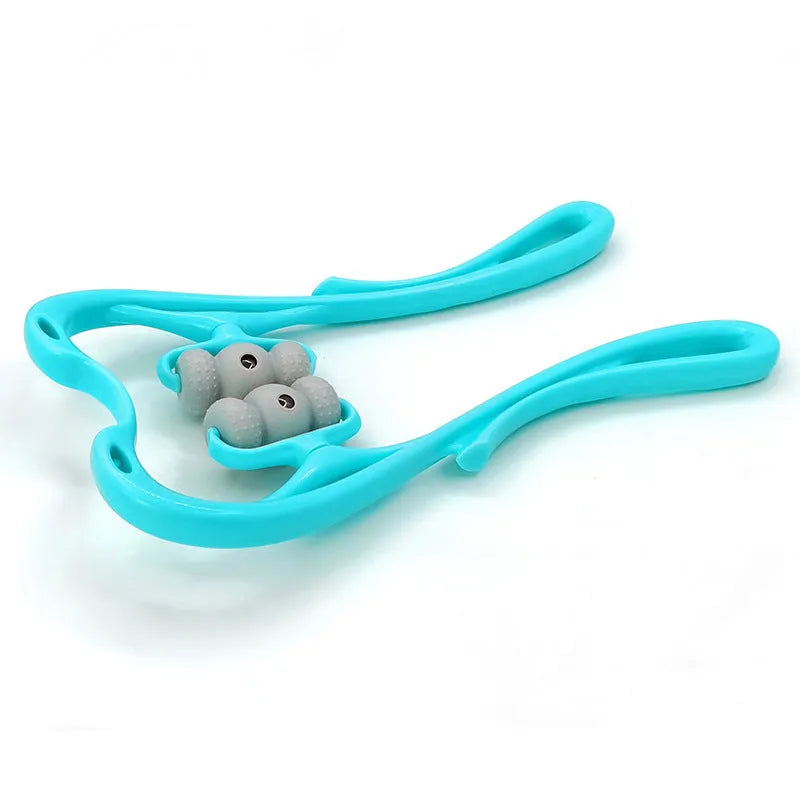 Blue handheld neck massager roller with 96 pressure nodes on a white background.