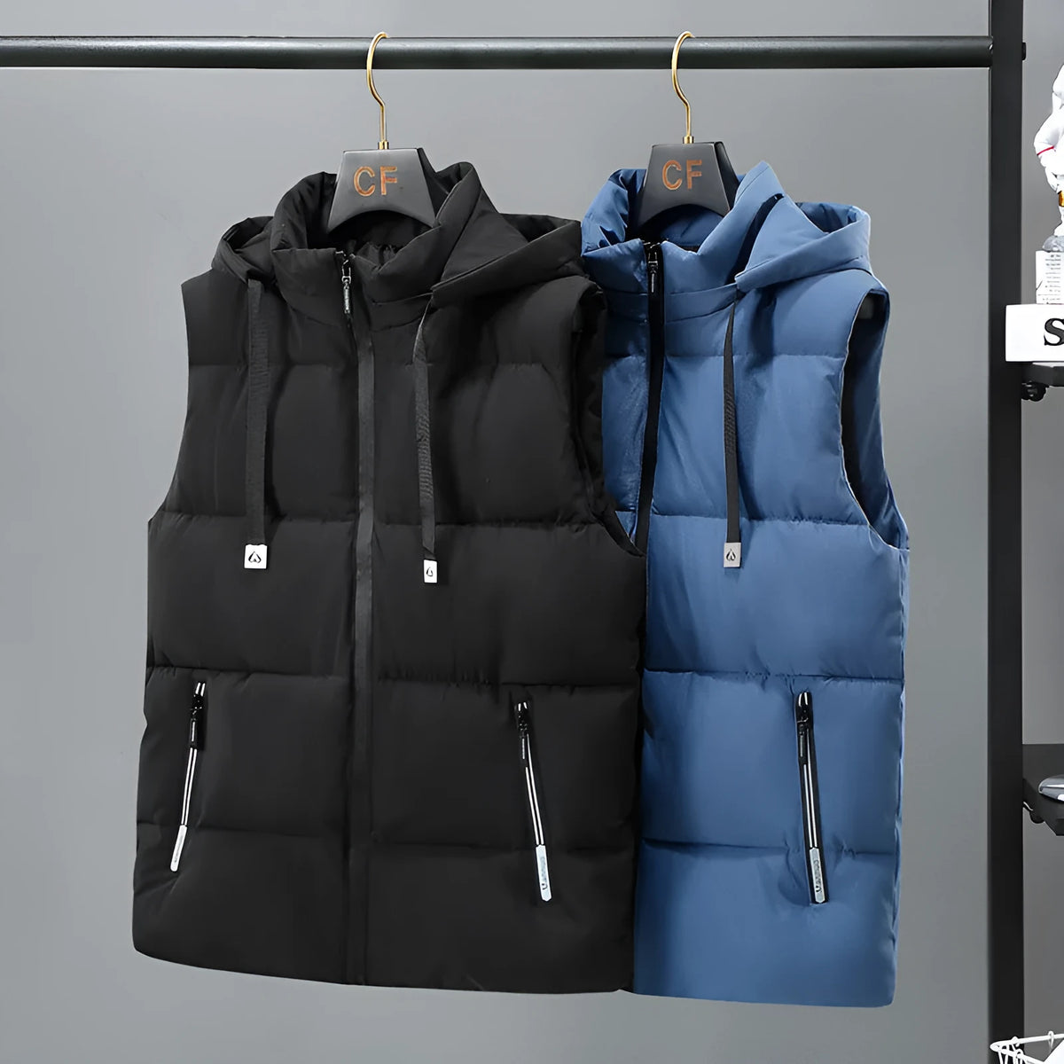 Men's solid colour thickened vest with removable cap in black or blue options