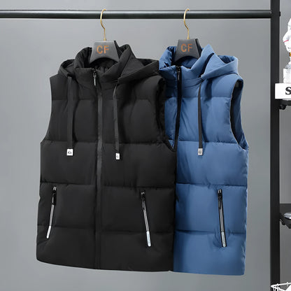 Men's solid colour thickened vest with removable cap in black or blue options