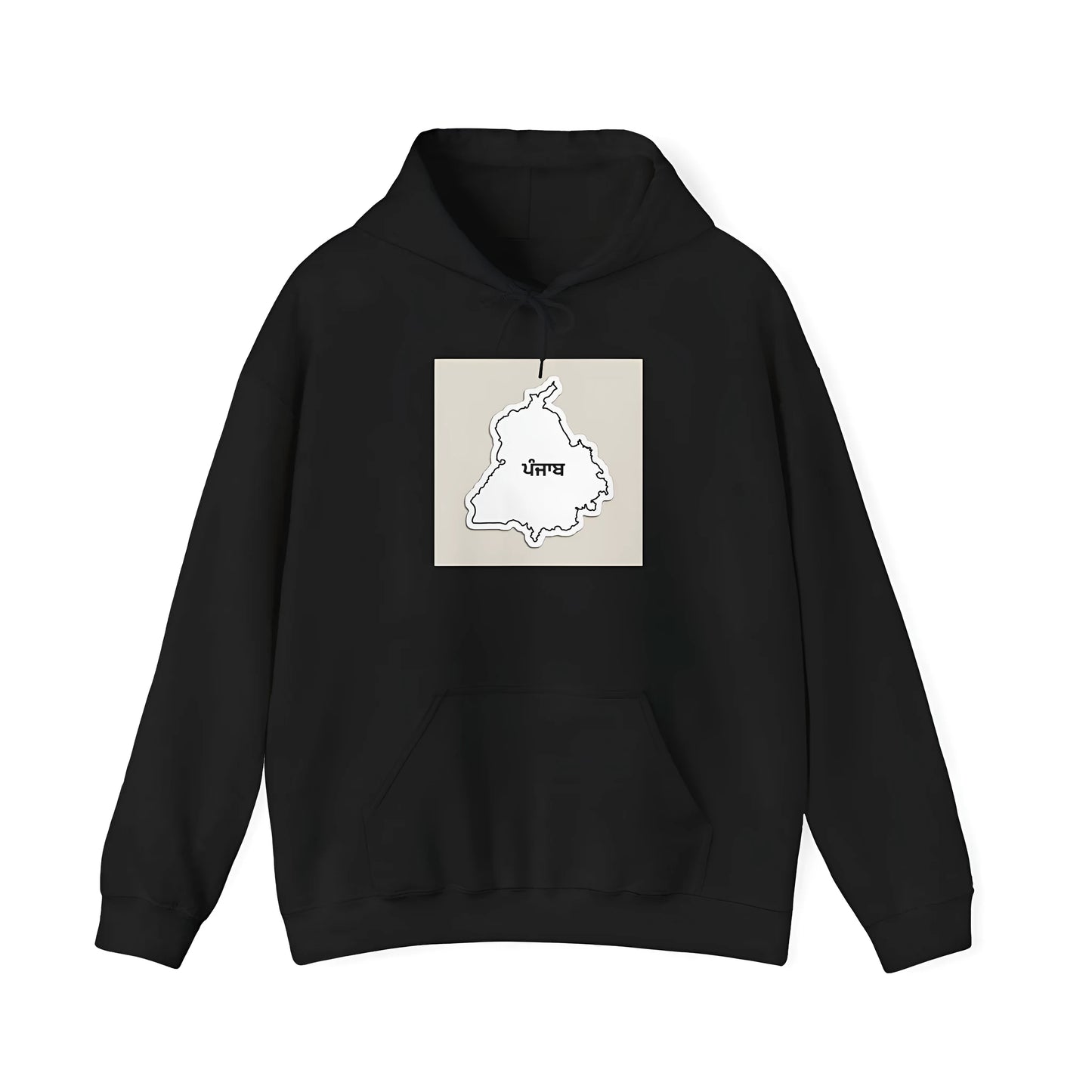 Black loose fit drop shoulder polyester hoodie with side pockets and printed details.