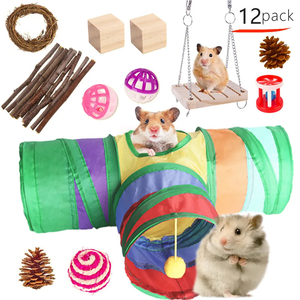 Assorted natural wooden chew toys for small pets including balls, rings, and mats on a plain background.