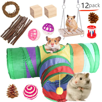 Assorted natural wooden chew toys for small pets including balls, rings, and mats on a plain background.