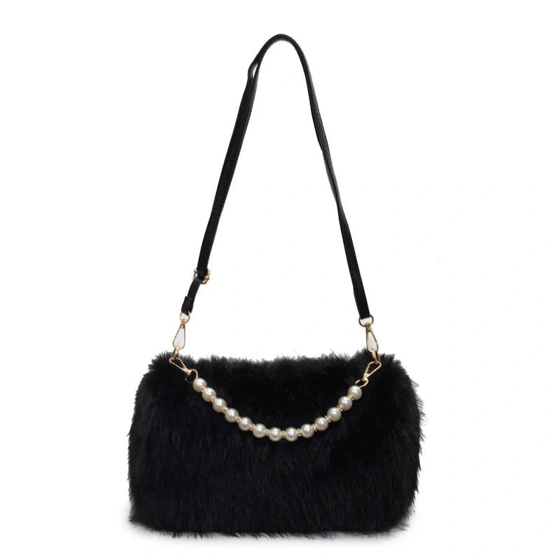 Autumn and winter plush pearl chain crossbody bag for women in various colours