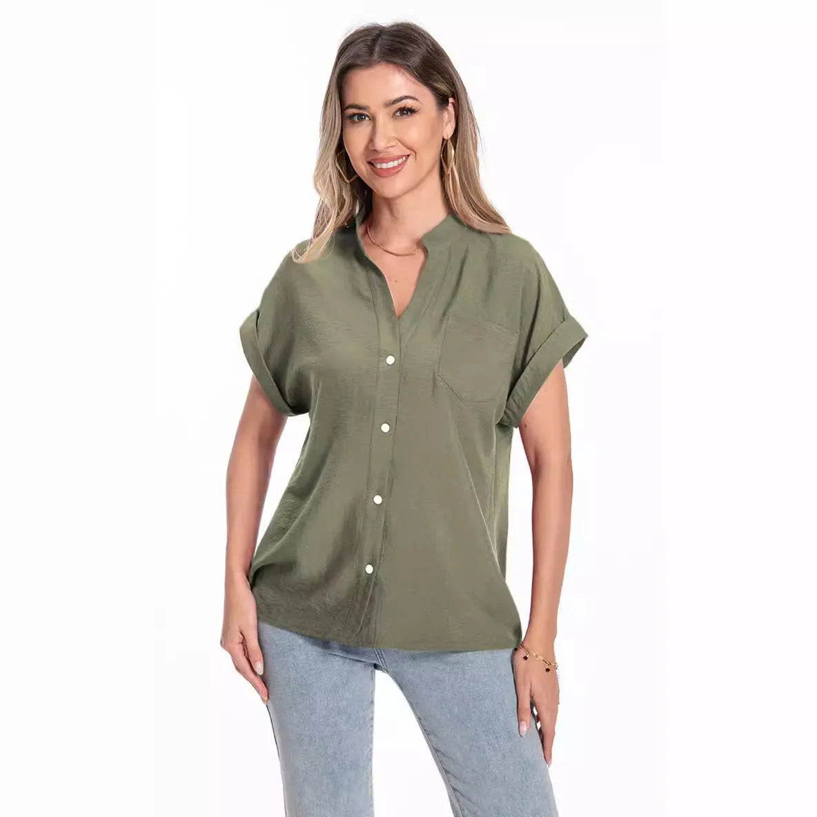Women's loose-fit button-collar summer top in Army Green with short raglan sleeves.