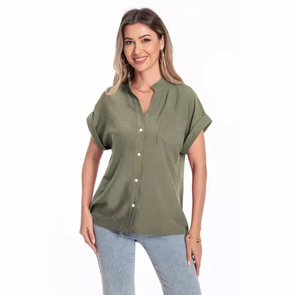 Women's loose-fit button-collar summer top in Army Green with short raglan sleeves.
