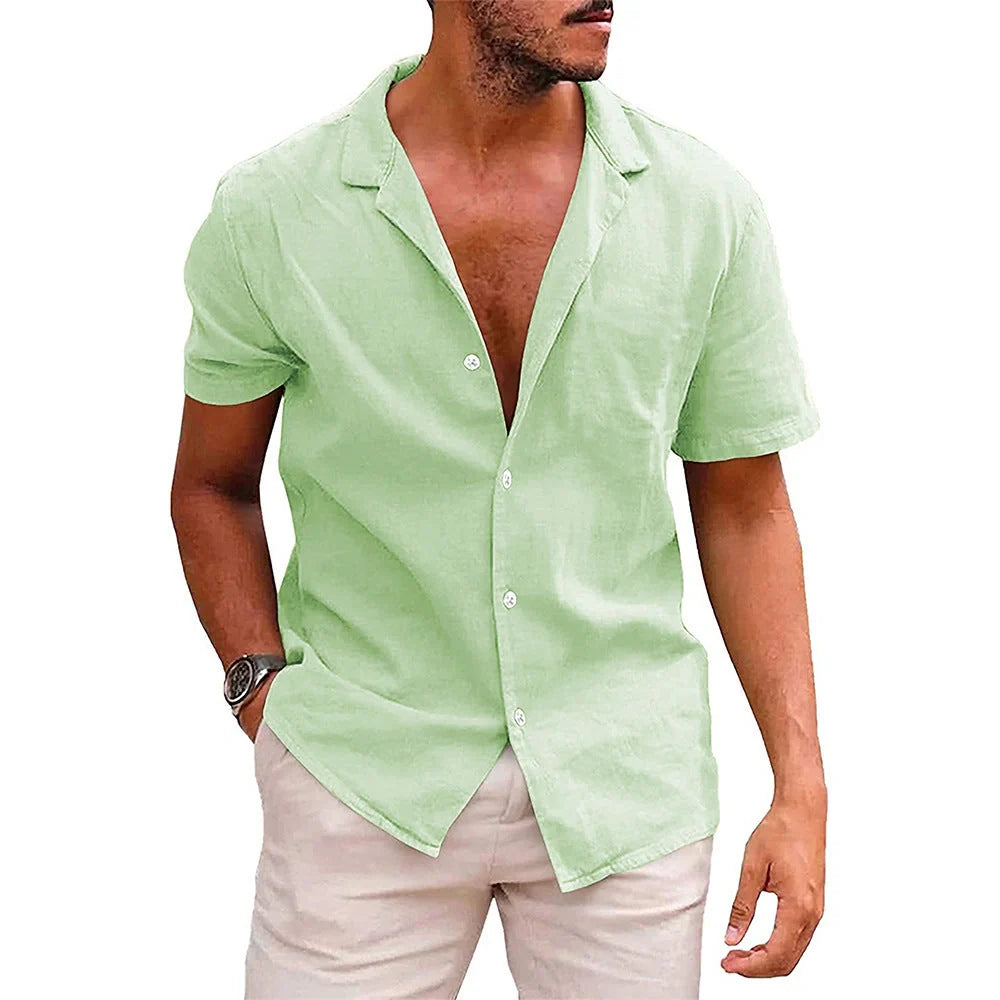 Men's linen-cotton blend short sleeve button down shirt in various colours
