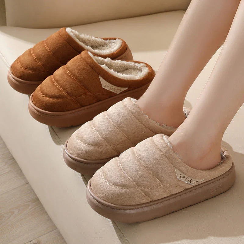 Cozy plush slip-on slippers in various colors, featuring a soft suede-like upper and a supportive EVA sole for maximum comfort and warmth.