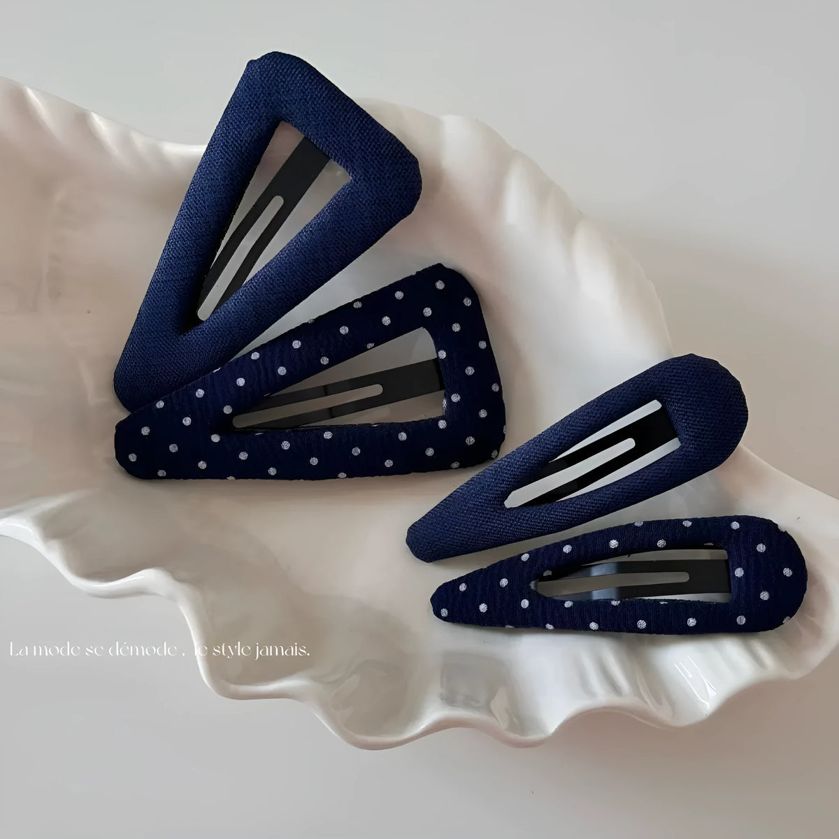 French retro style barrettes in dark denim and polka dot triangle or water drop designs for women