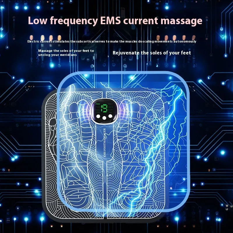 A blue rechargeable reflexology foot massager mat with a remote control on a wooden floor.
