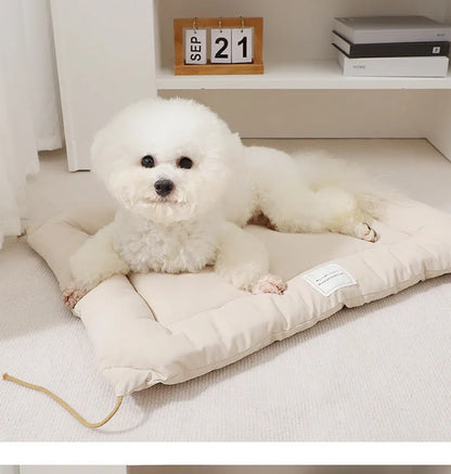 Beige cage cushion for dogs tied inside a metal crate, shown next to coffee and orange colour options.