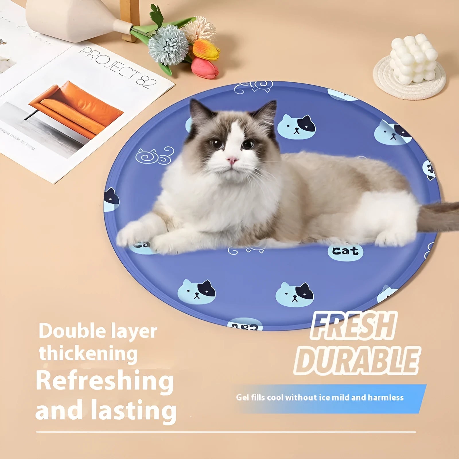 Round pet cooling mat with cartoon designs in 40cm and 50cm sizes for dogs