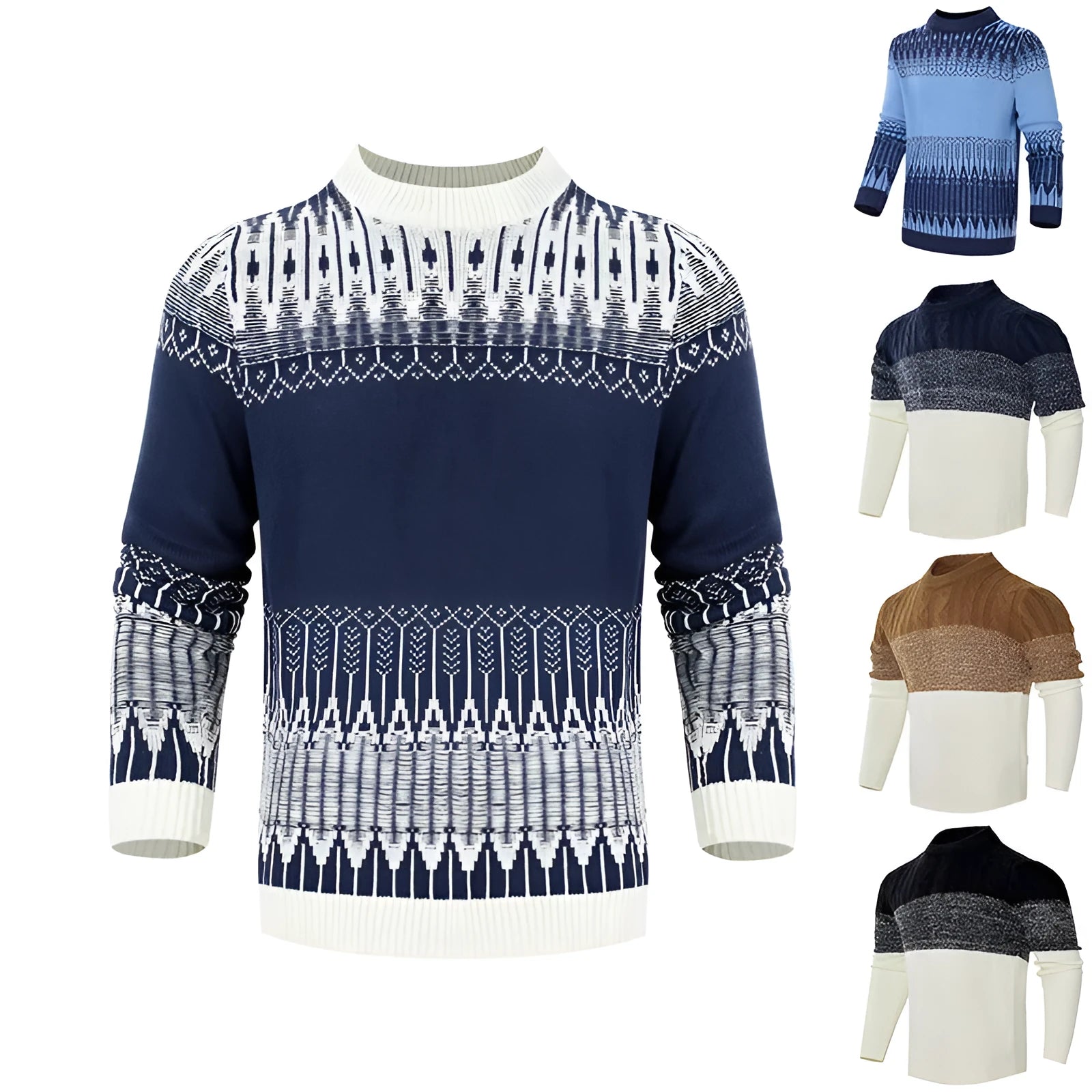 Men's knitted crew neck pullover sweater with long sleeves shown in multiple sizes