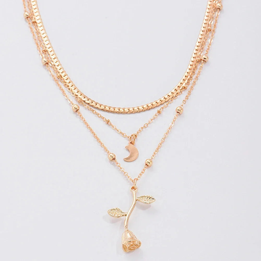 Bohemian multilayer gold pendant necklace with rose flower design on adjustable chain