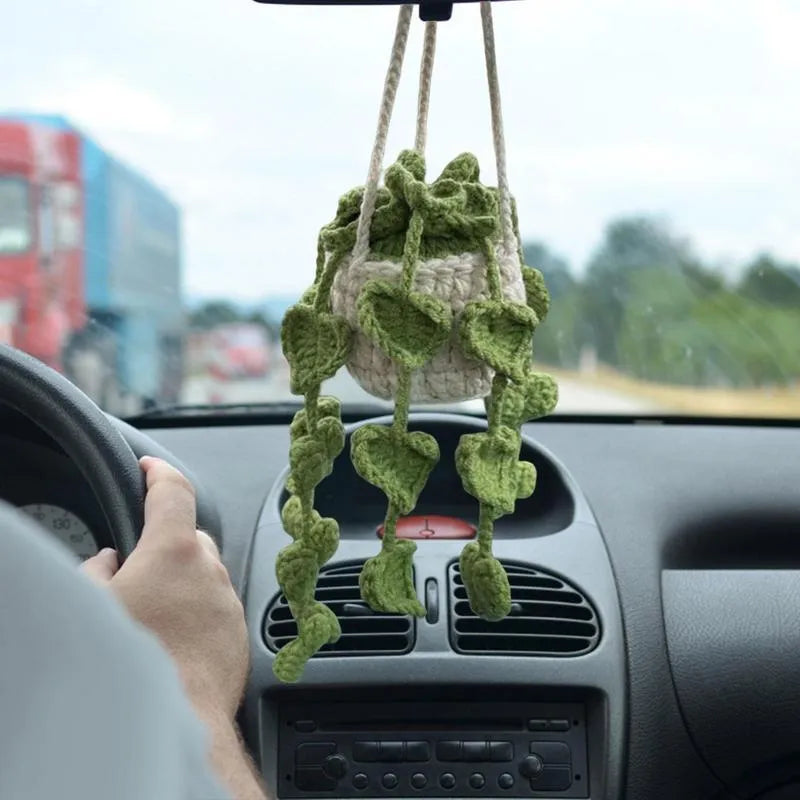 Green and white fishing style car plant decoration with 8cm base and 25cm hanging rope