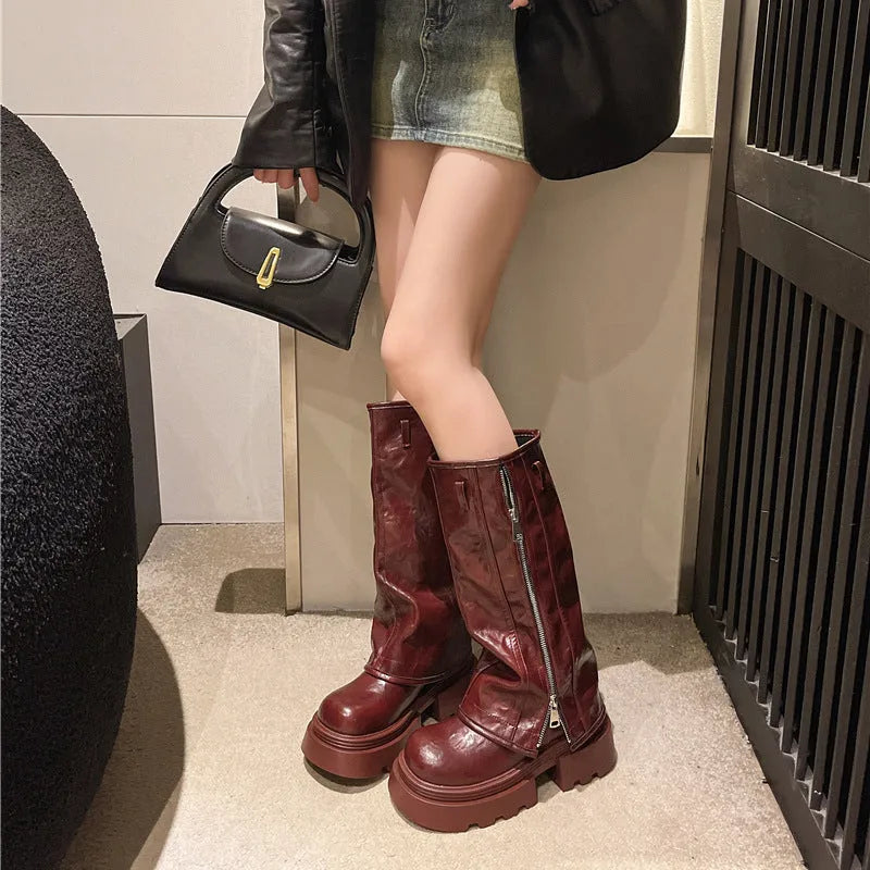 Platform muffin pants Martin boots with square heel and high cylinder socks in black, brown or wine red