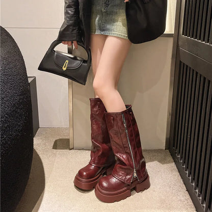 Platform muffin pants Martin boots with square heel and high cylinder socks in black, brown or wine red