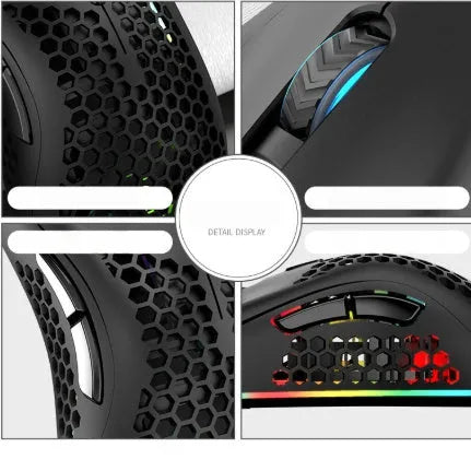 Wireless gaming mouse with hollow out design and luminous charging, optical sensor, 123 x 72 x 46 mm dimensions for desktop gaming, available in black, cyan, and white colour options