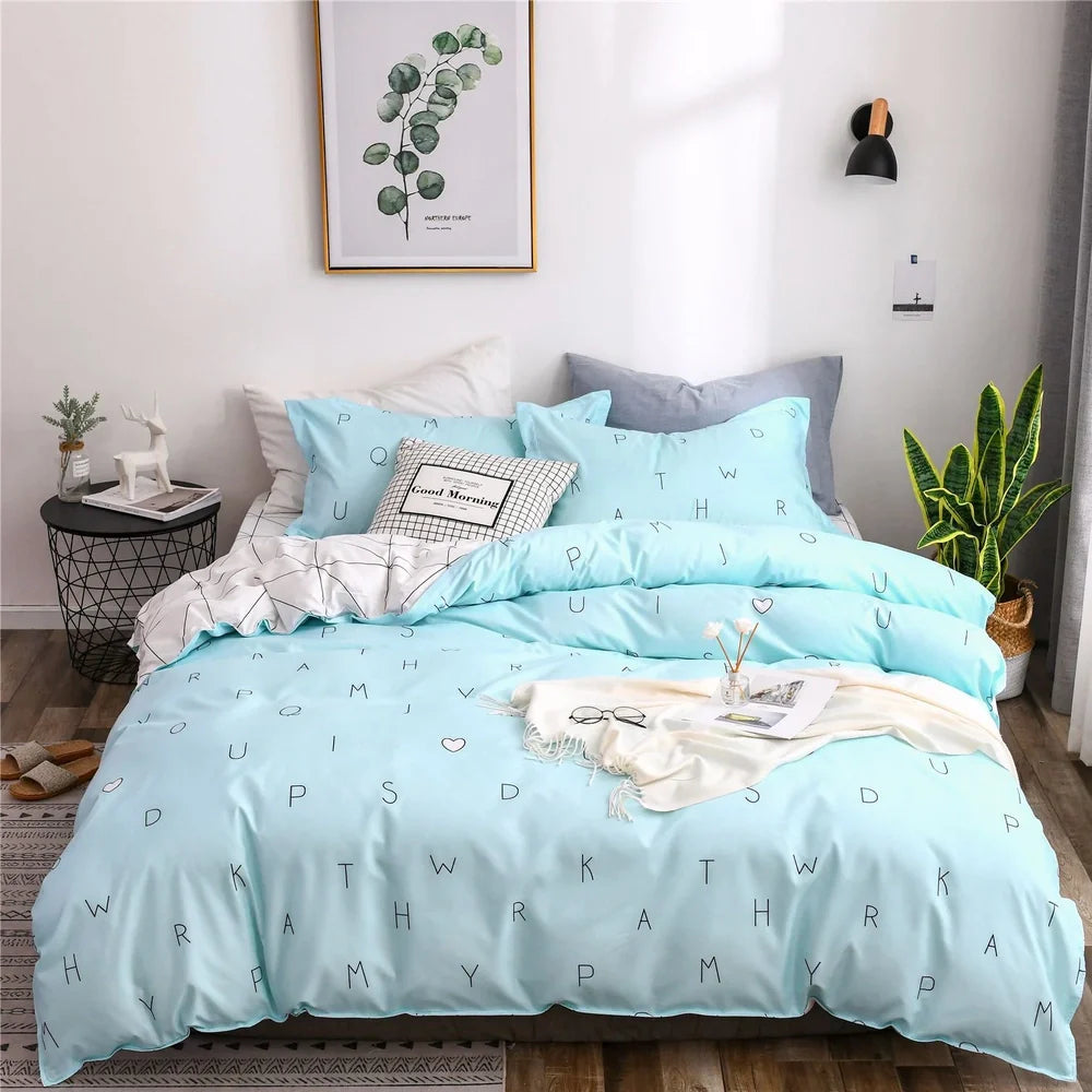 Blue cartoon series polyester bedding set with quilt 200x200cm, 2 pillowcases 50x75cm, fitted sheet for UK Double