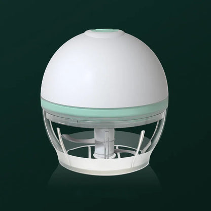 Green portable electric garlic chopper with transparent cup and USB charging cable