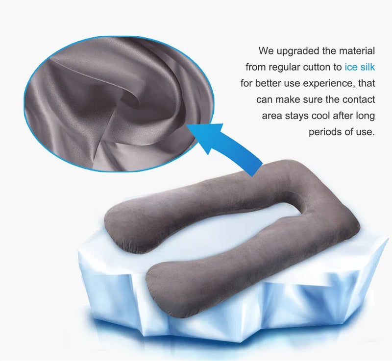 U-shaped maternity pillow for pregnant women in cooling ice silk fabric with polyester fibre filling, measuring 130cm x 70cm for abdominal, hip, leg, and back support during summer sleep and rest
