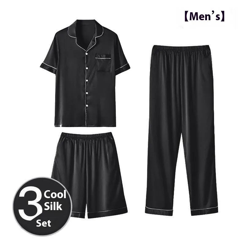 Men's ice silk three-piece home wear loungewear set showing shorts and trousers in a selected colour.