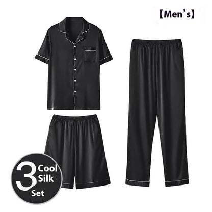 Men's ice silk three-piece home wear loungewear set showing shorts and trousers in a selected colour.
