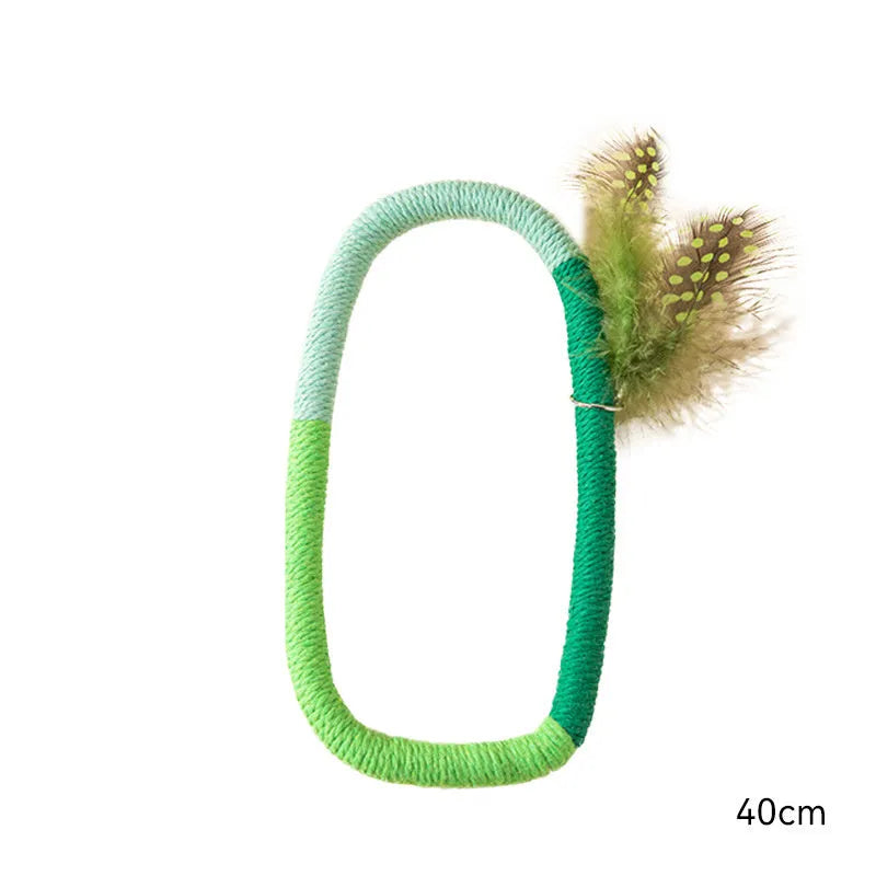 Green circular cotton rope cat toy with feathers and catnip for dental play