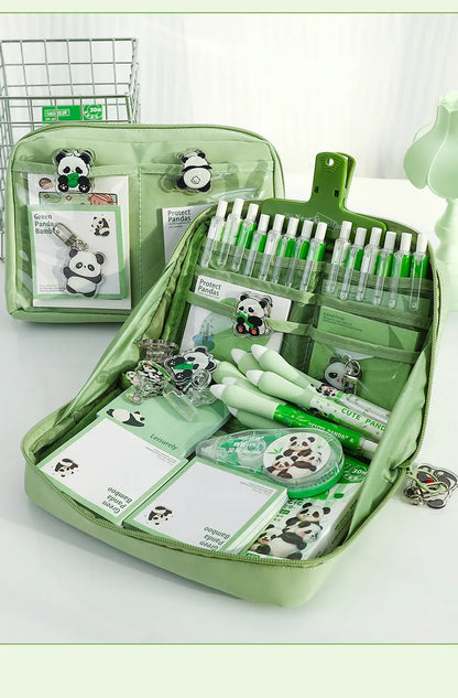 Green canvas pencil case with 12 layer panda design and multiple compartments for stationery organisation