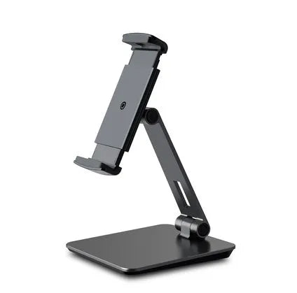 Silver folding phone and tablet stand holding a device, showing its 360-degree rotation and compact size