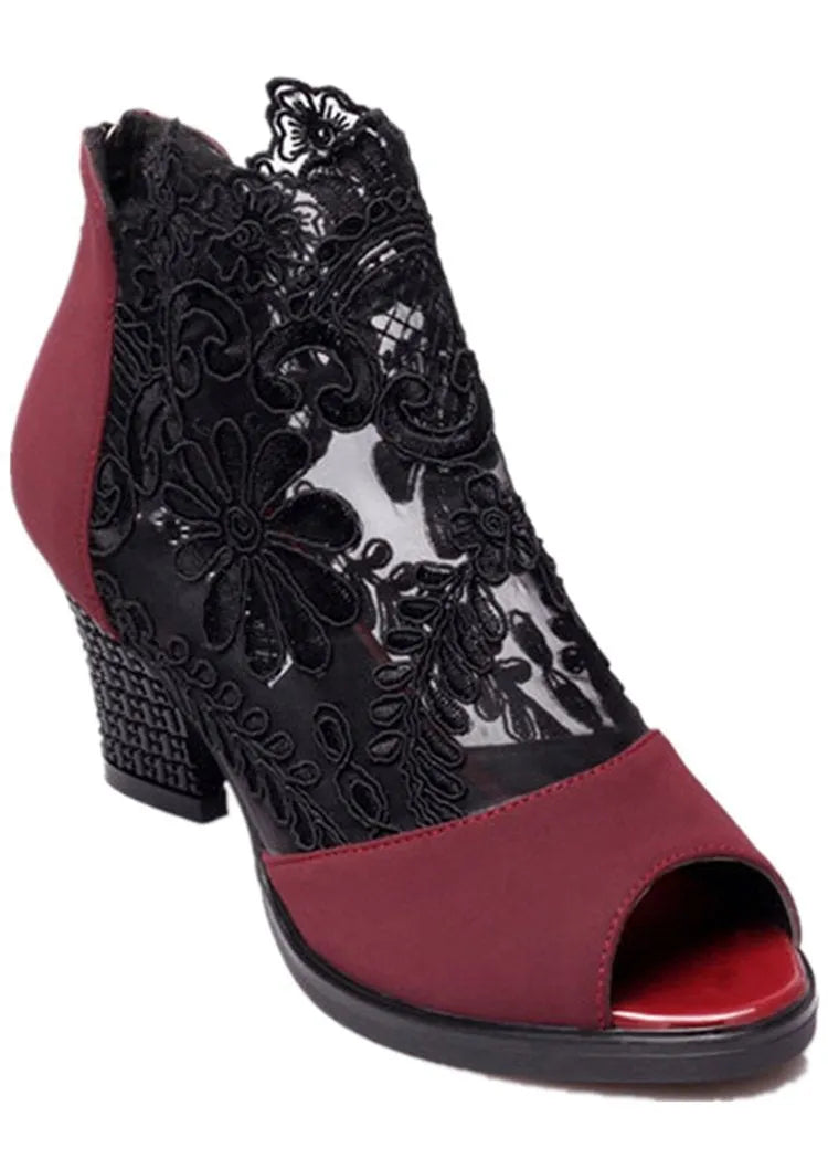 Lucyever women's black gladiator sandals with flower lace, square heel, and peep toe design